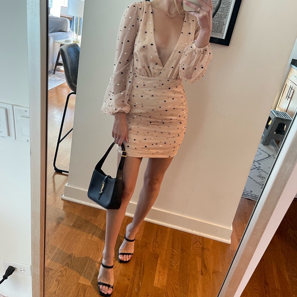 Revolve Mini Champagne/Tan Polka Dot Dress with Puff Sleeves